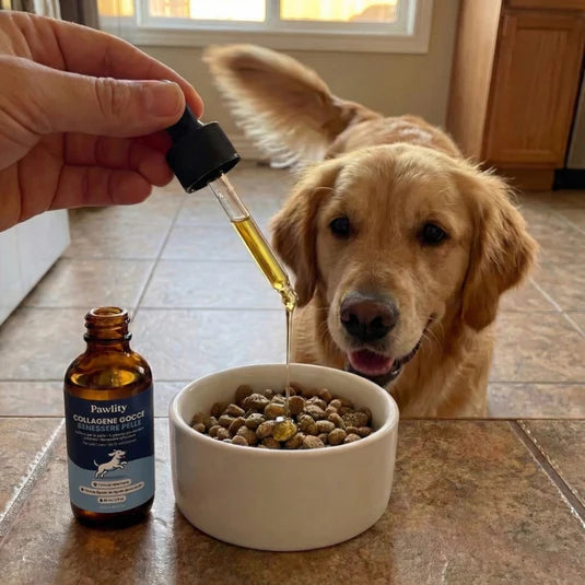 Collagene liquido Pawlity versato nella ciotola di un cane